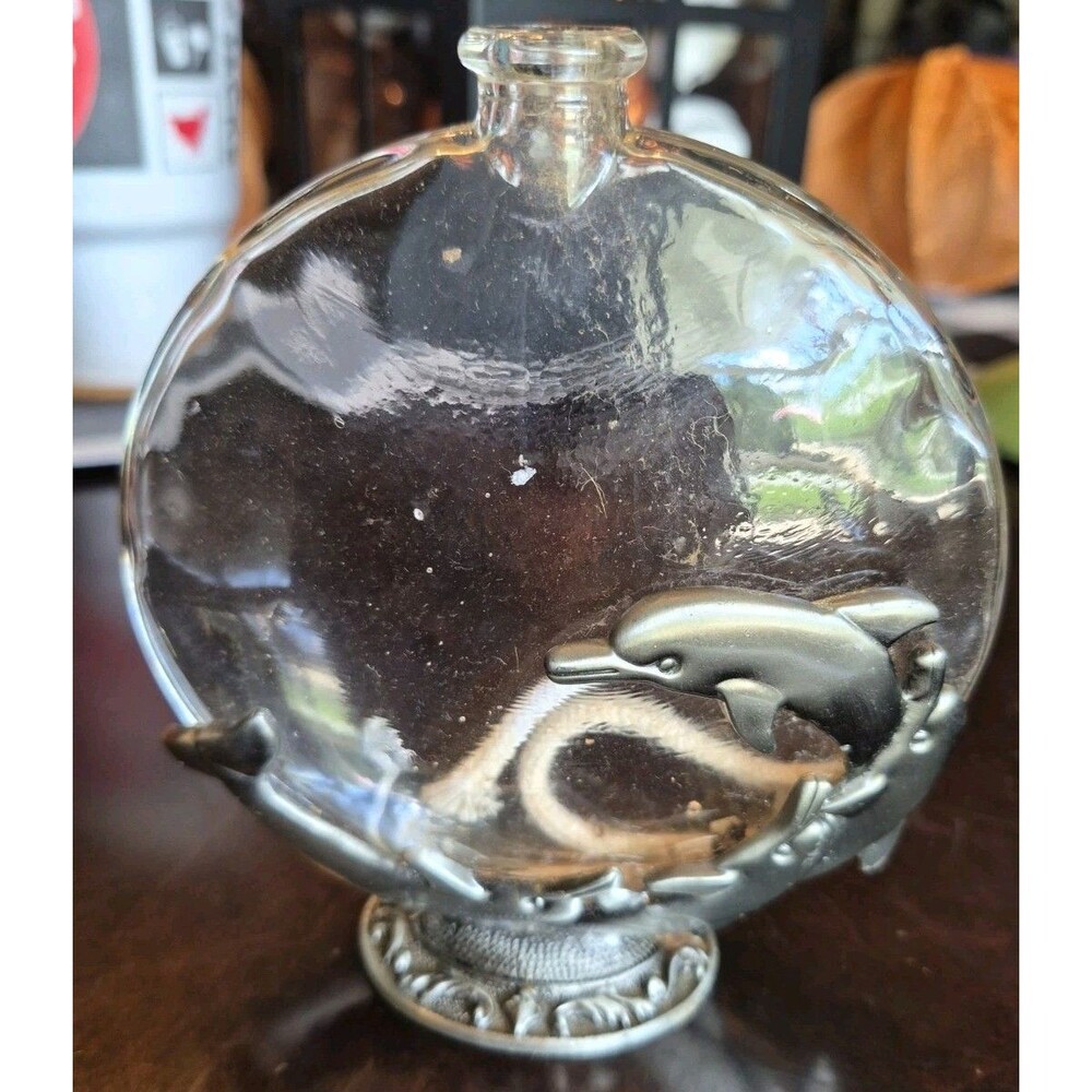 Vintage 90s Flat Glass Bottle Bud Vase Oil Lamp Pewter Dolphin And Wave Base